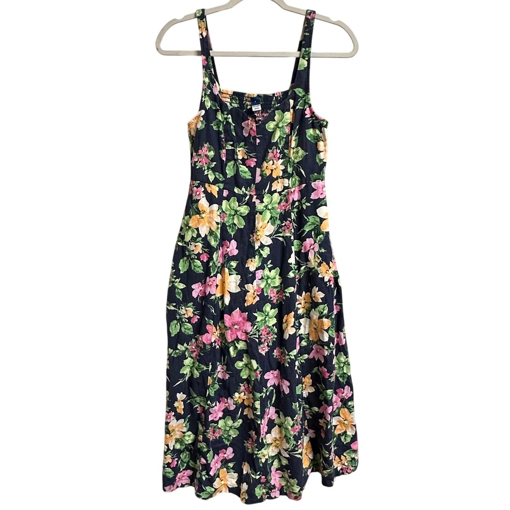 Old Navy Midi Dress Womens Small Navy Floral Linen Blend Smocked Pockets Cottage